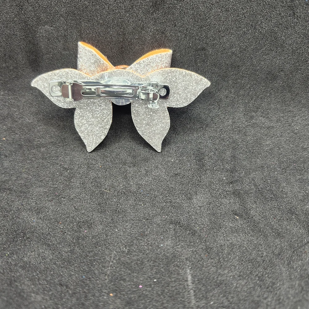 Hand Crafted Sparkling Silver and Orange Kids Hair Bow Faux Leather